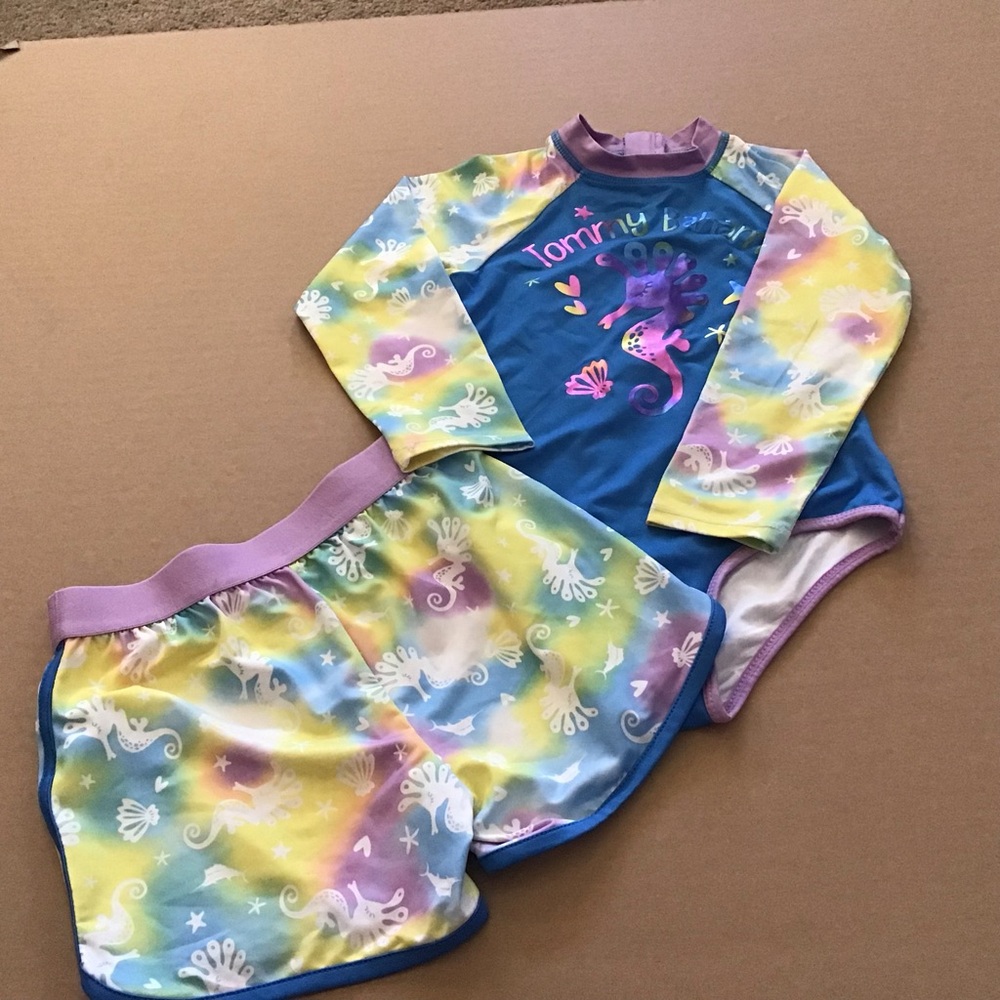 Tommy Bahama Kids 4T Blue Rashguard Set with Pastel Tie-Dye Sleeves and Shorts